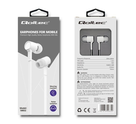 Qoltec 50832 Earphones for mobile - White