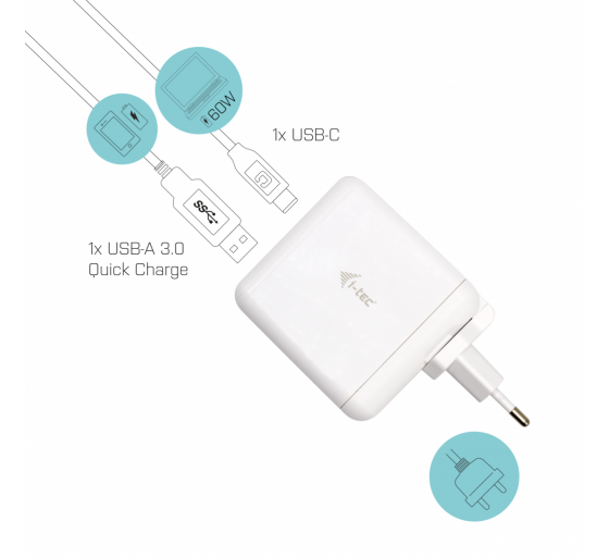 I-Tec Travel Charger 60W USB-C PD & USB-A QC CHARGER-C60WT