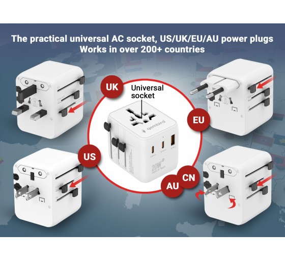 Gembird TPA-1A2C20-01-W universaalne reisadapter 20W