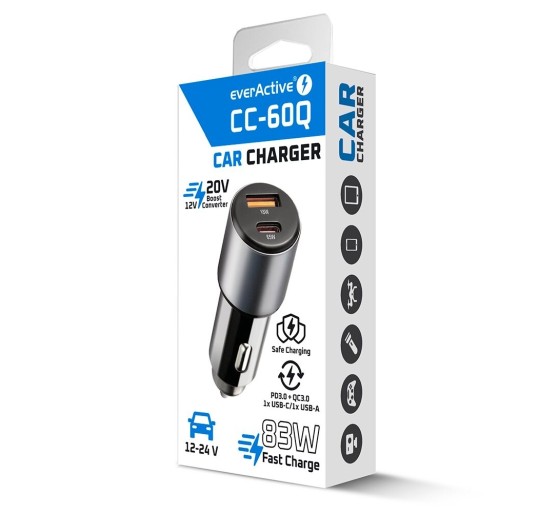 everActive CC-60Q autolaadija USB QC3.0 + USB-C PD, 83 W
